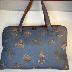Vintage Large Bueno Blue and Brown Tapestry Tote with Elephants/Monkeys